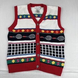 VTG Lizi Ruch Womens Tennis Cardigan Sweater Large 80s Funky Festive Preppy